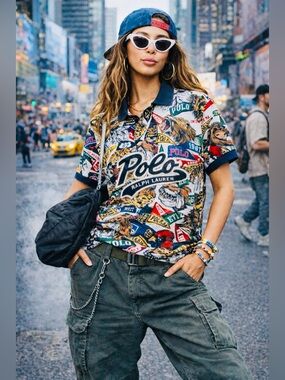 Ralph Lauren Polo Rare All Over Mascot Pennant Print Polo Shirt Size M Unisex